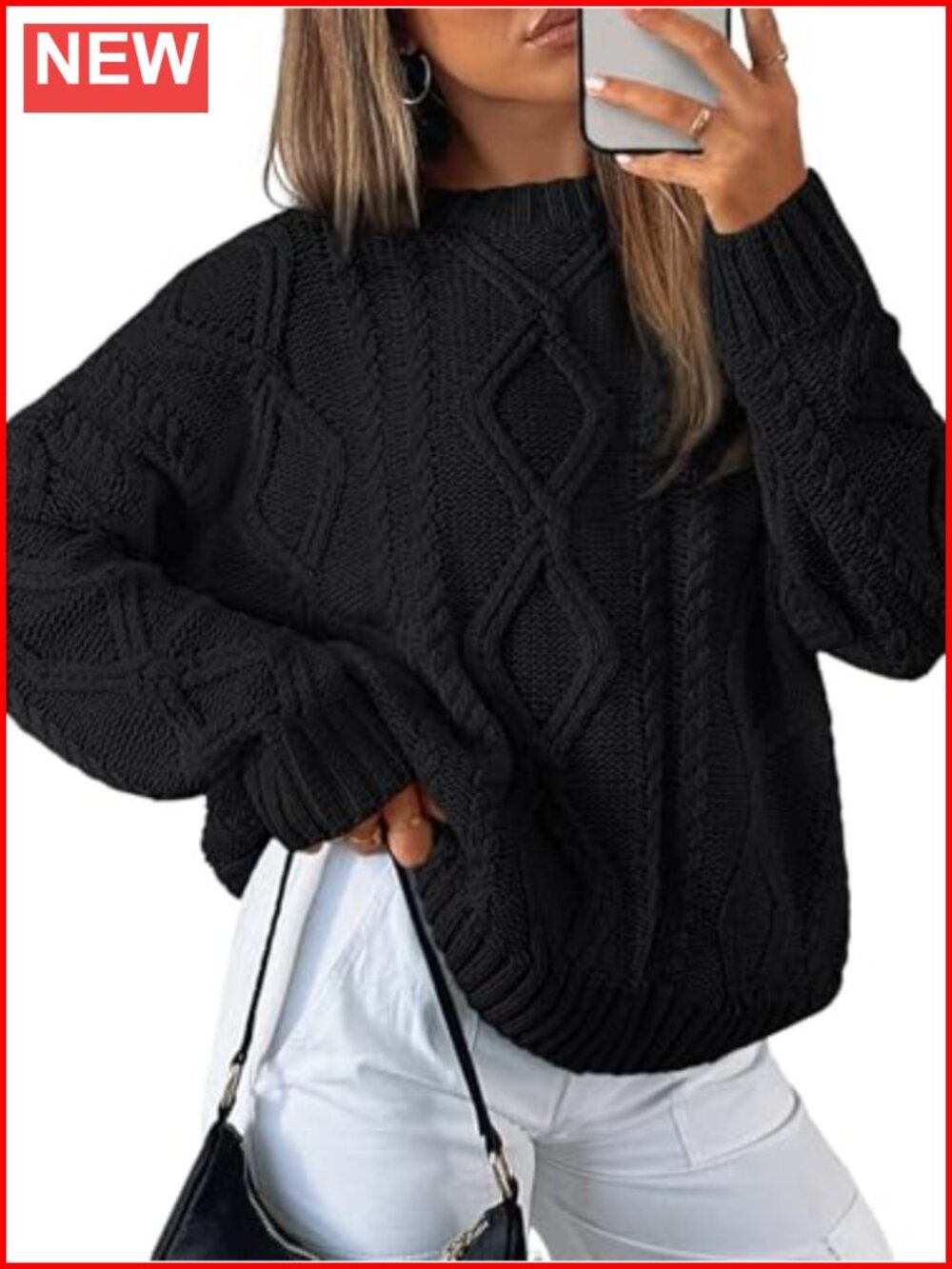 Oversized Cable Knit Sweater Pullover Crew Neck Long Sleeve Cotton Blend